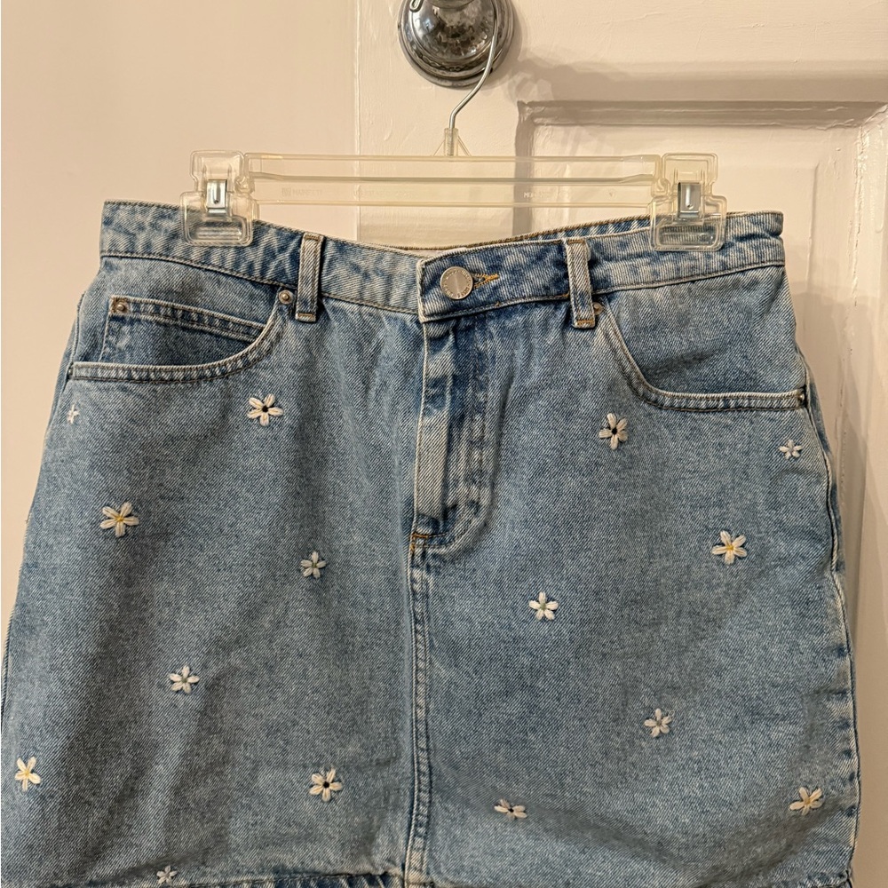 Miss Selfridge Blue and White Flower Embroidered Mini Skirt